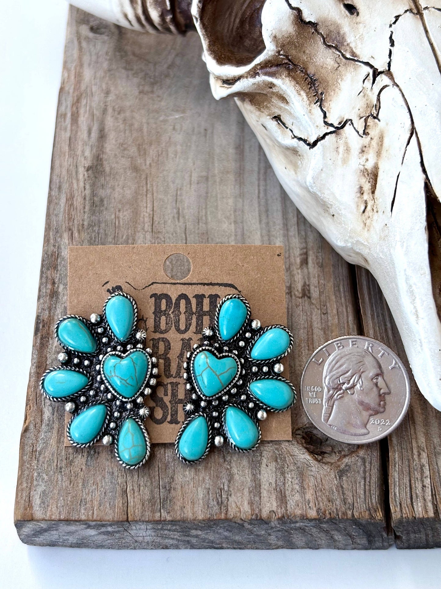 Western Heart Squash Blossom Turquoise Stone Stud Earrings