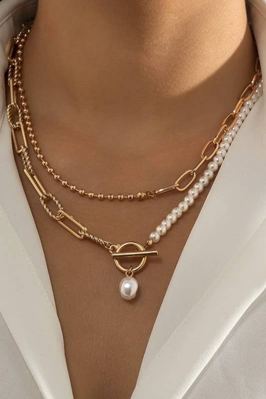 Pearl layered toggle necklace