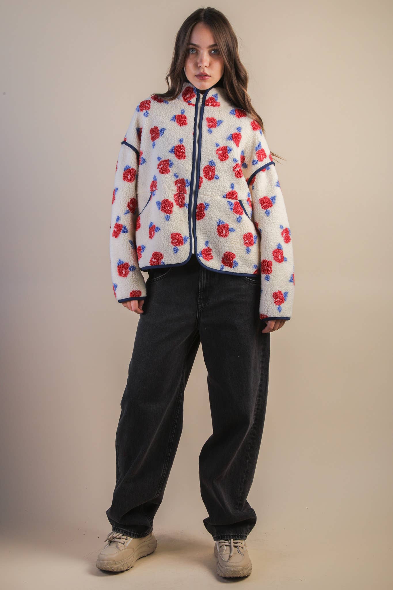 PLUS SIZE Floral Printed Casual Fleece Jacket