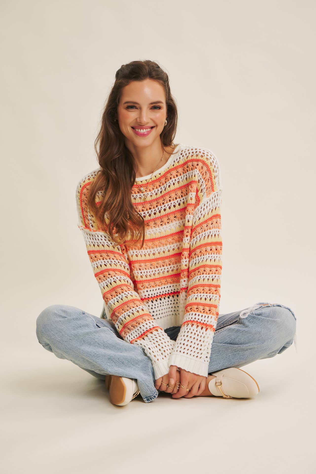 BRIGHT VIBRANT MULTI STRIPE LOOSE FIT CROCHET SWEATER TOP