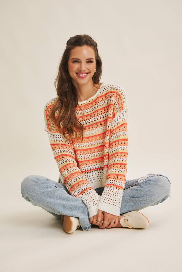 BRIGHT VIBRANT MULTI STRIPE LOOSE FIT CROCHET SWEATER TOP