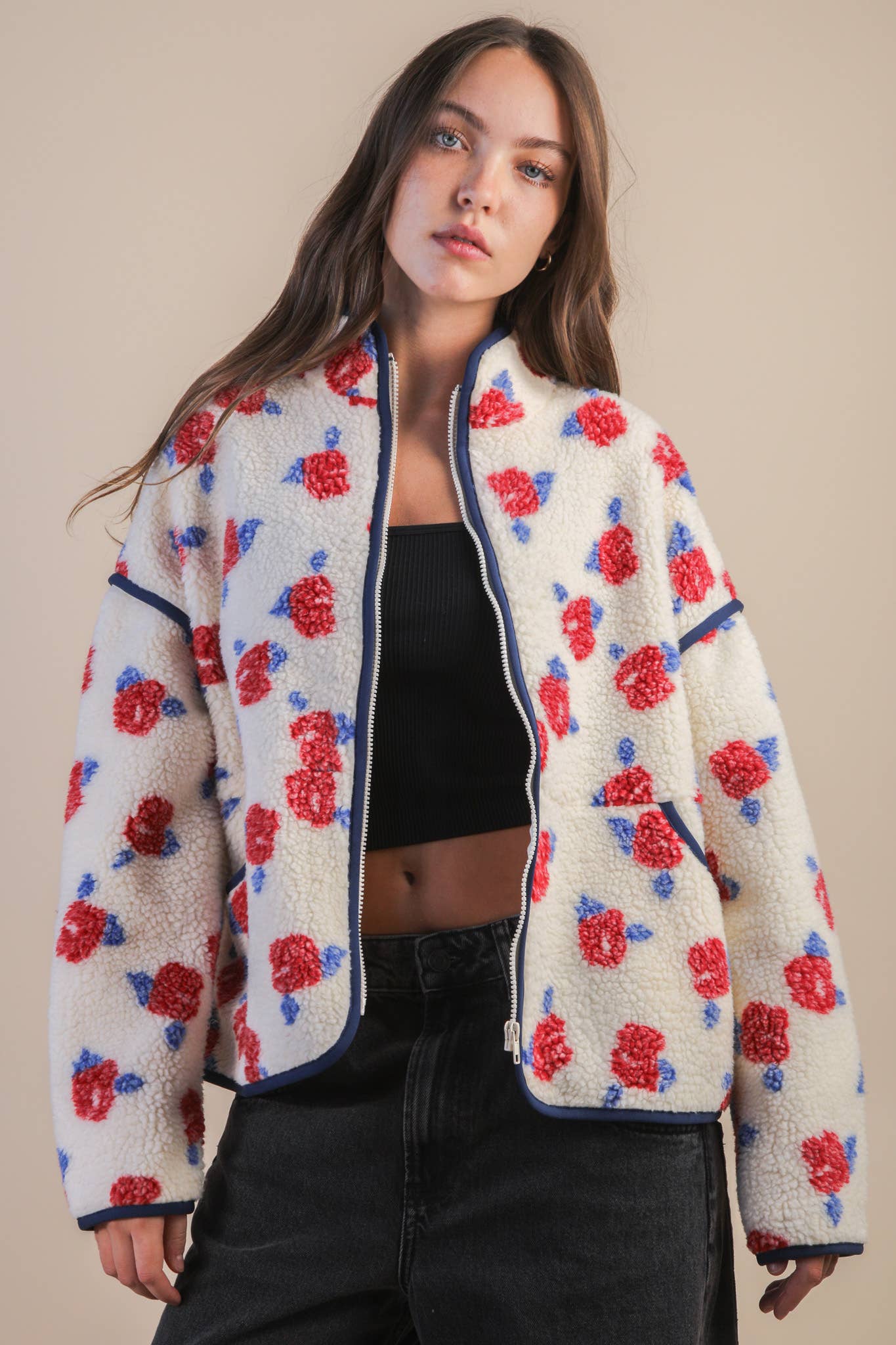 PLUS SIZE Floral Printed Casual Fleece Jacket