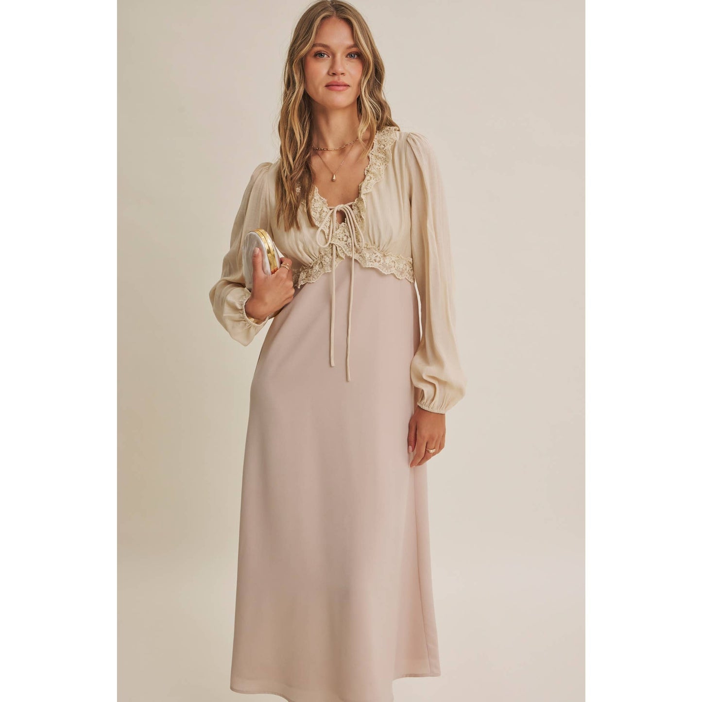 Champagne Rose Soft Drape Fabric Mixed Romantic Midi Dress