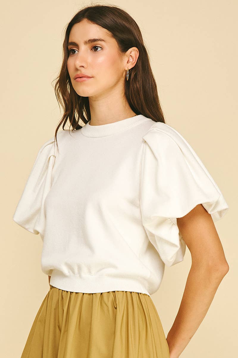 Crew Neck Puff Sleeve Ribbed Top