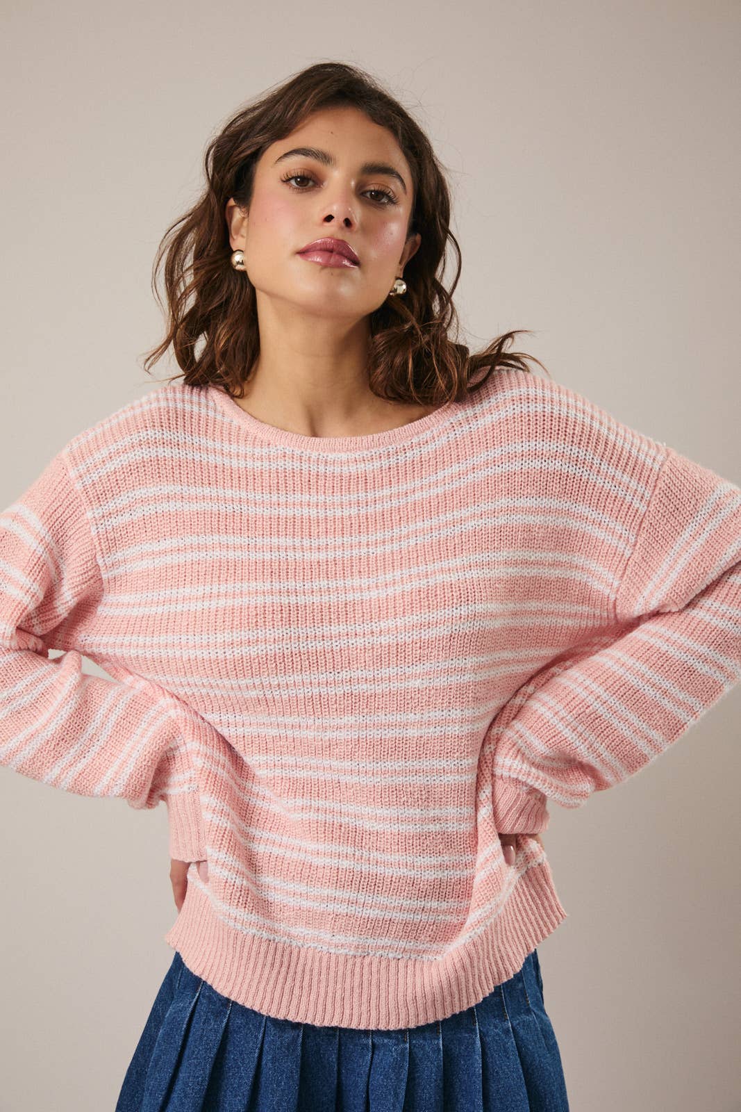 Boat Neck Long Sleeve Stripe Sweater