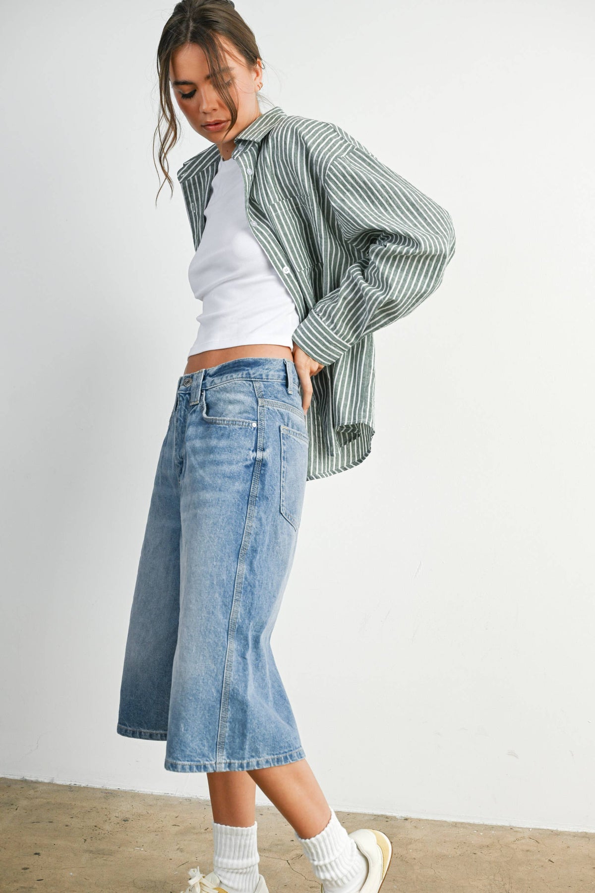 Cropped Striped Button-Up Collared Long Sleeve Top
