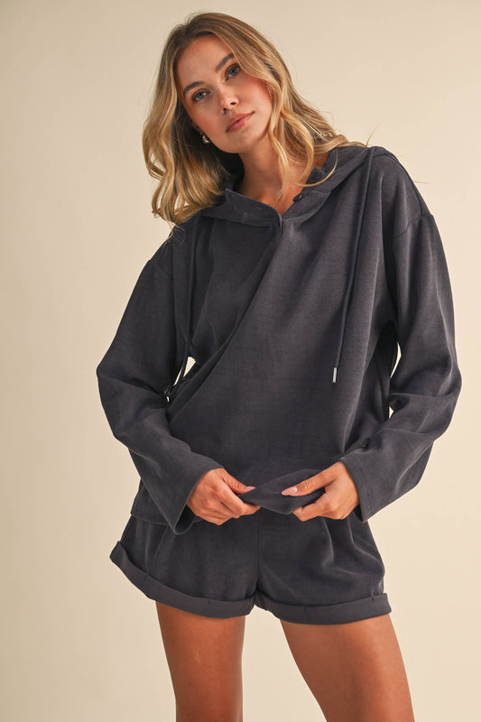 Long Sleeved Hooded Shorts Set