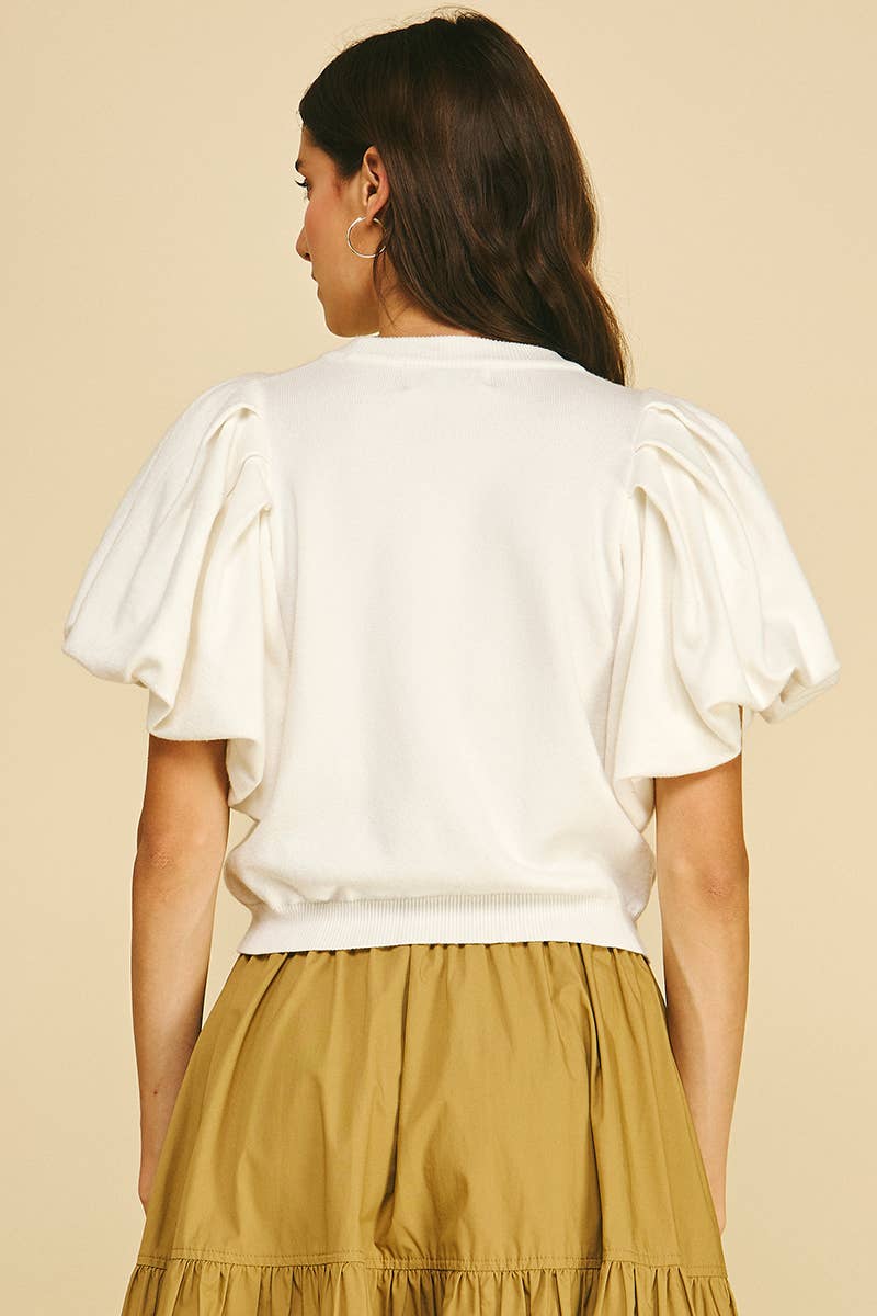Crew Neck Puff Sleeve Ribbed Top