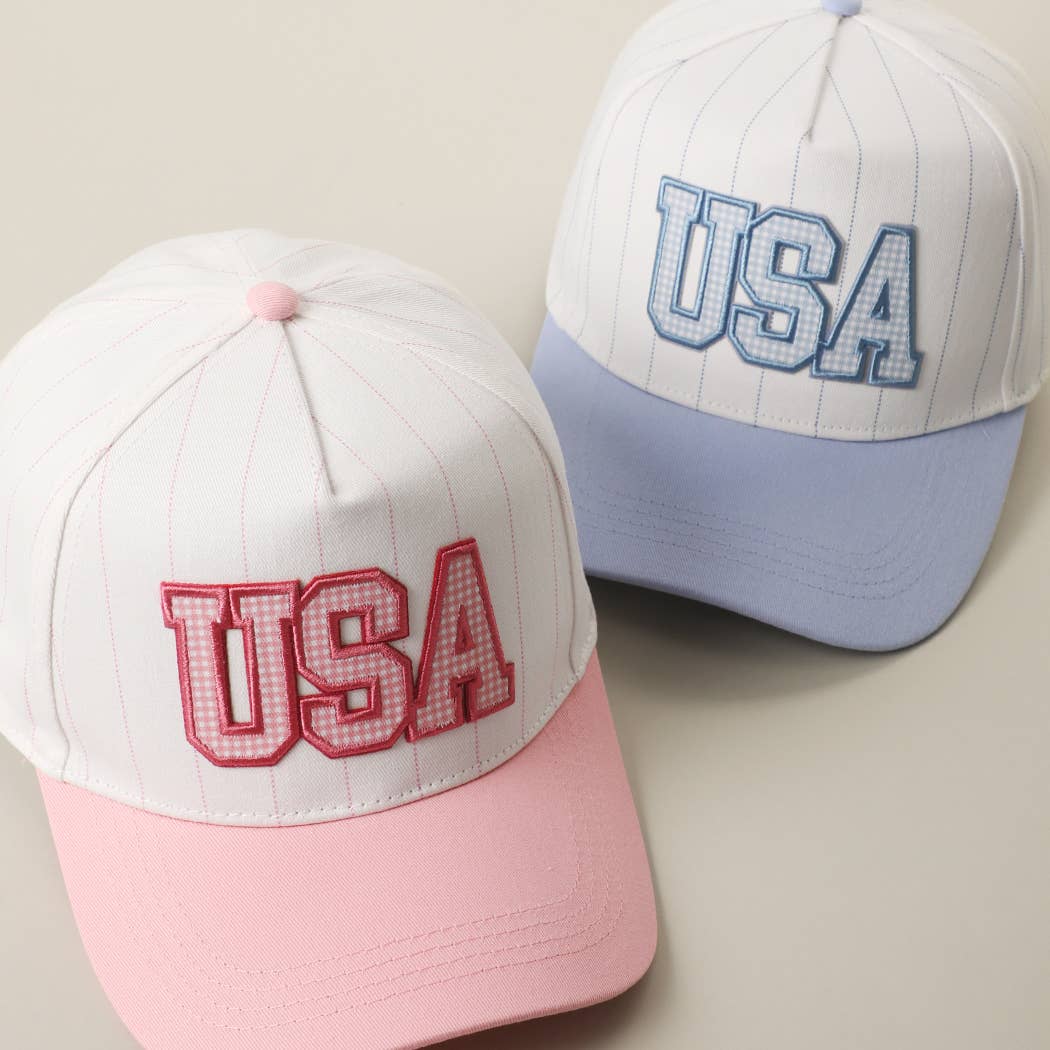 USA Gingham Embroidered Patch Pinstripe Crown Trucker Hat