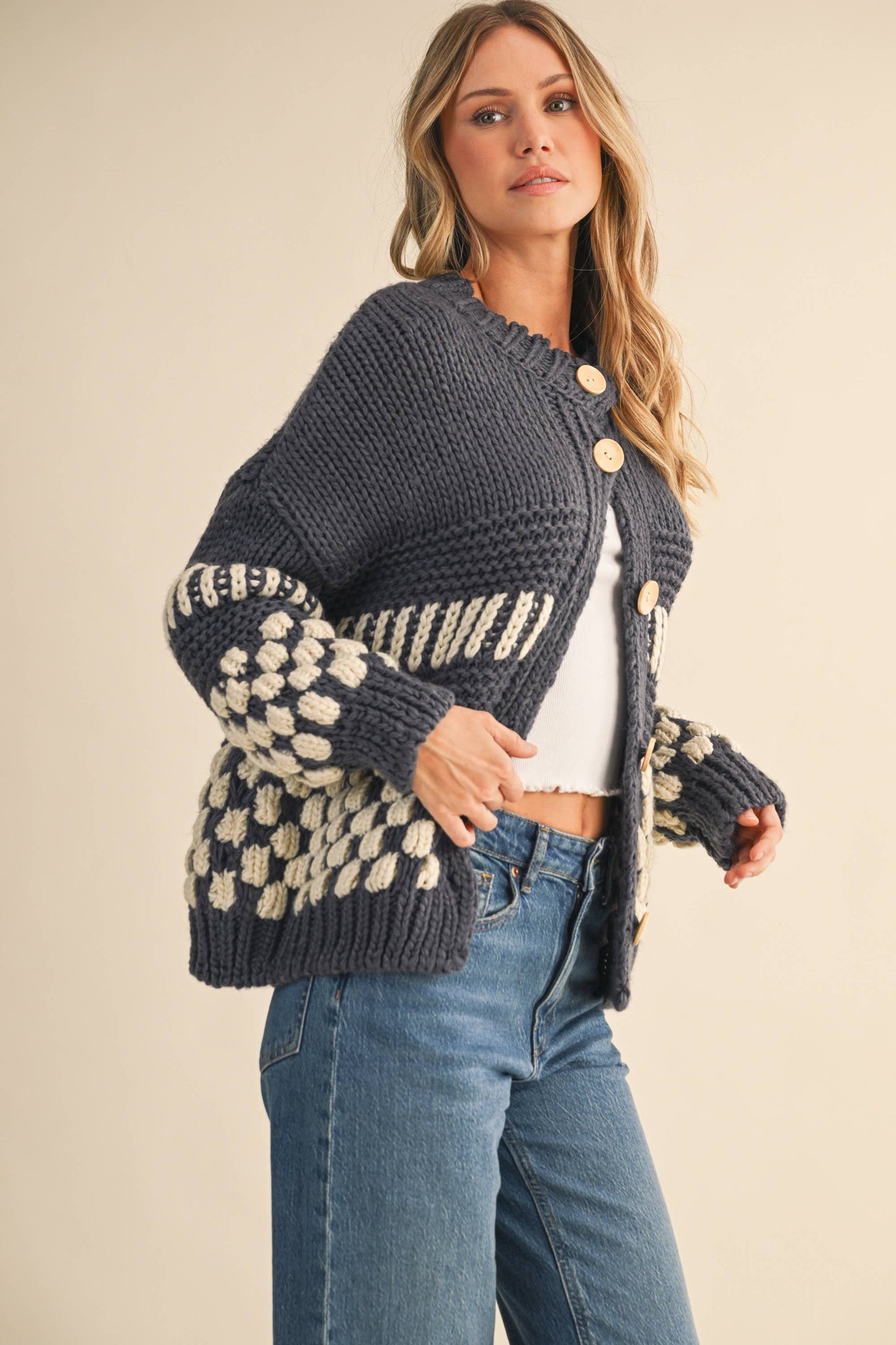 checkered pattern chunky knit cardigan