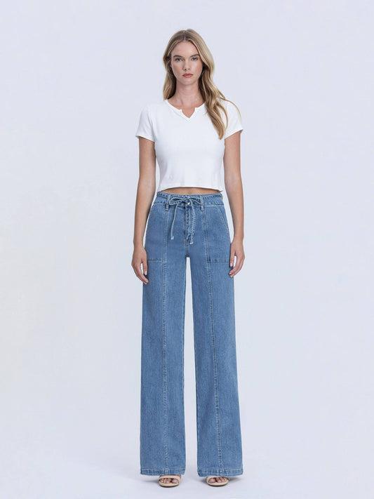 SUPER HIGH RISE TIE WAISTBAND WIDE LEG JEANS