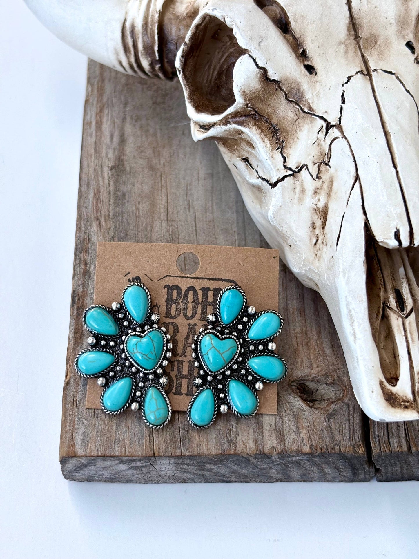 Western Heart Squash Blossom Turquoise Stone Stud Earrings