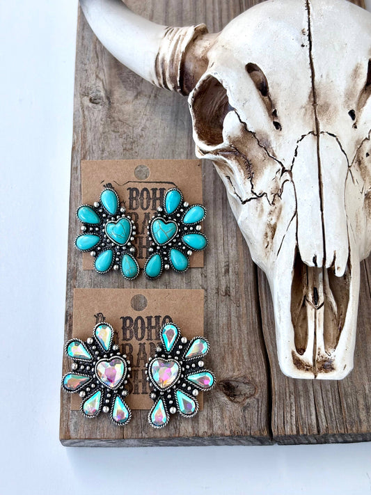 Western Heart Squash Blossom Turquoise Stone Stud Earrings