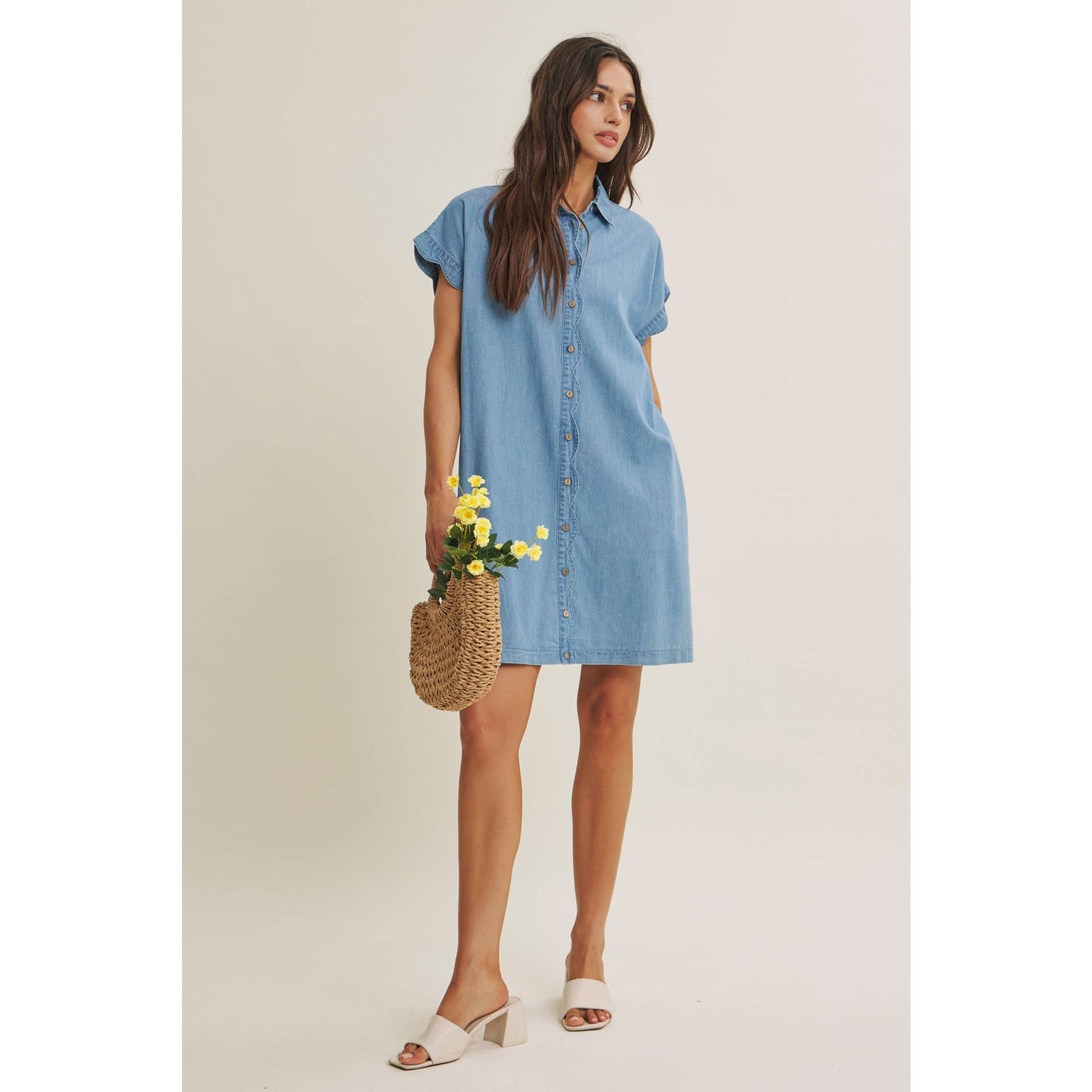 Coffee Run Washed Denim Mini Shirt Dress With Scallop Detail