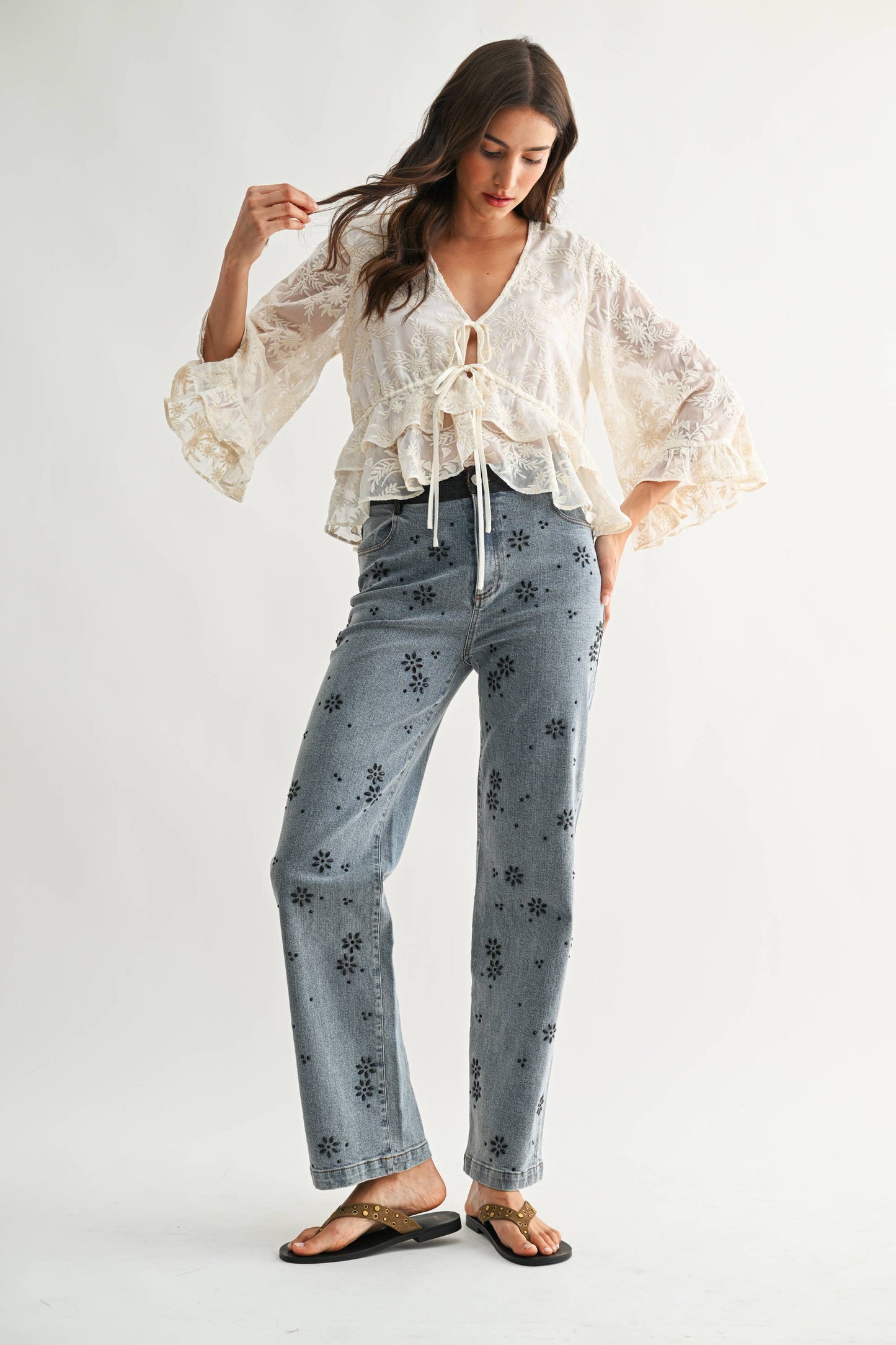 Boho Embroidered Sheer Blouse Flowy Bell Sleeves