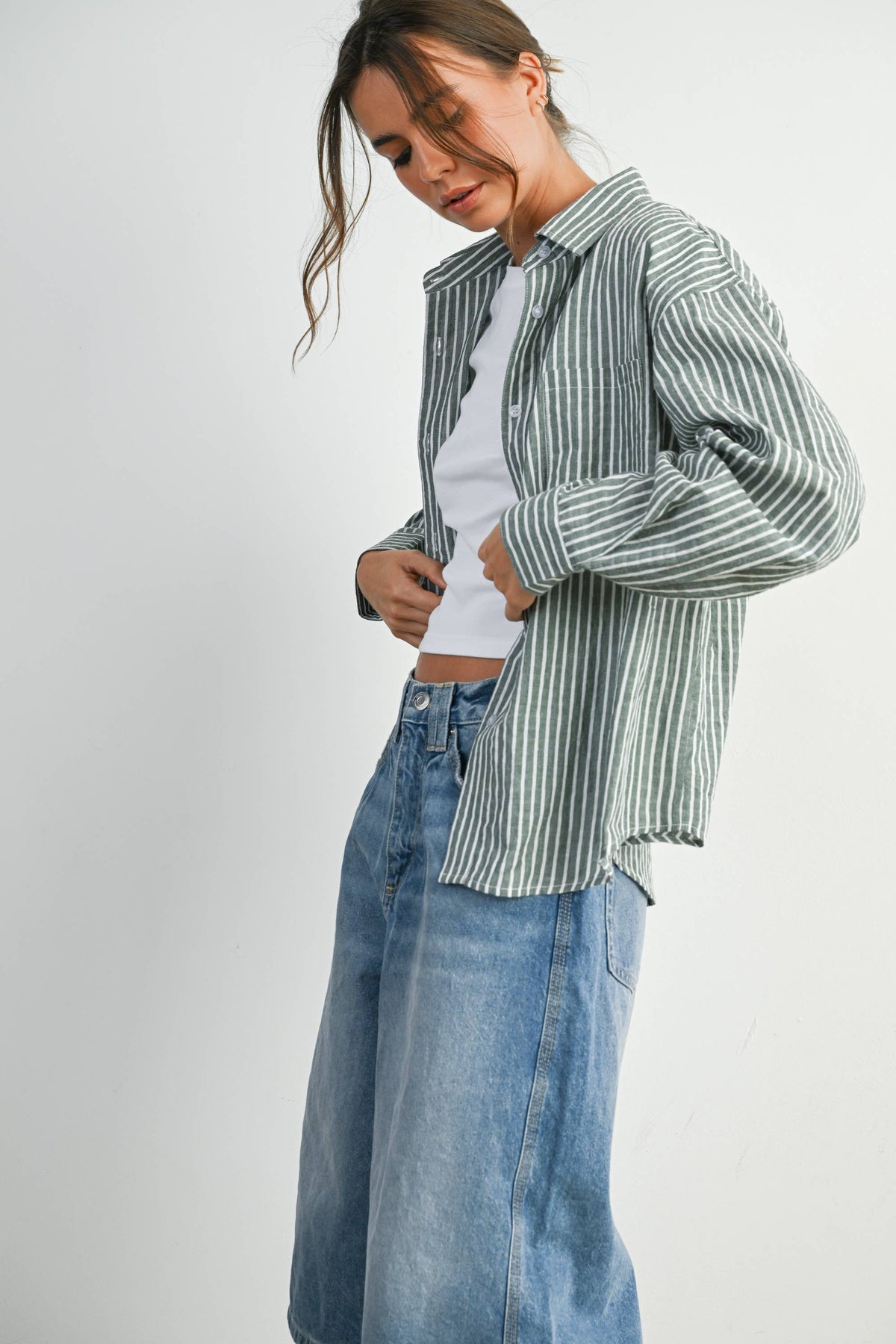 Cropped Striped Button-Up Collared Long Sleeve Top