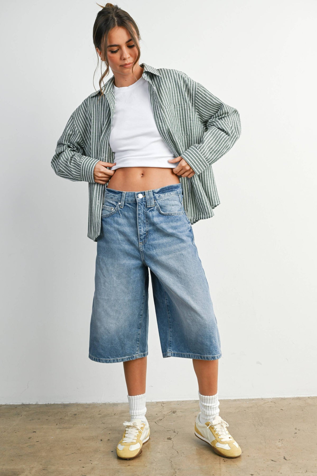 Cropped Striped Button-Up Collared Long Sleeve Top