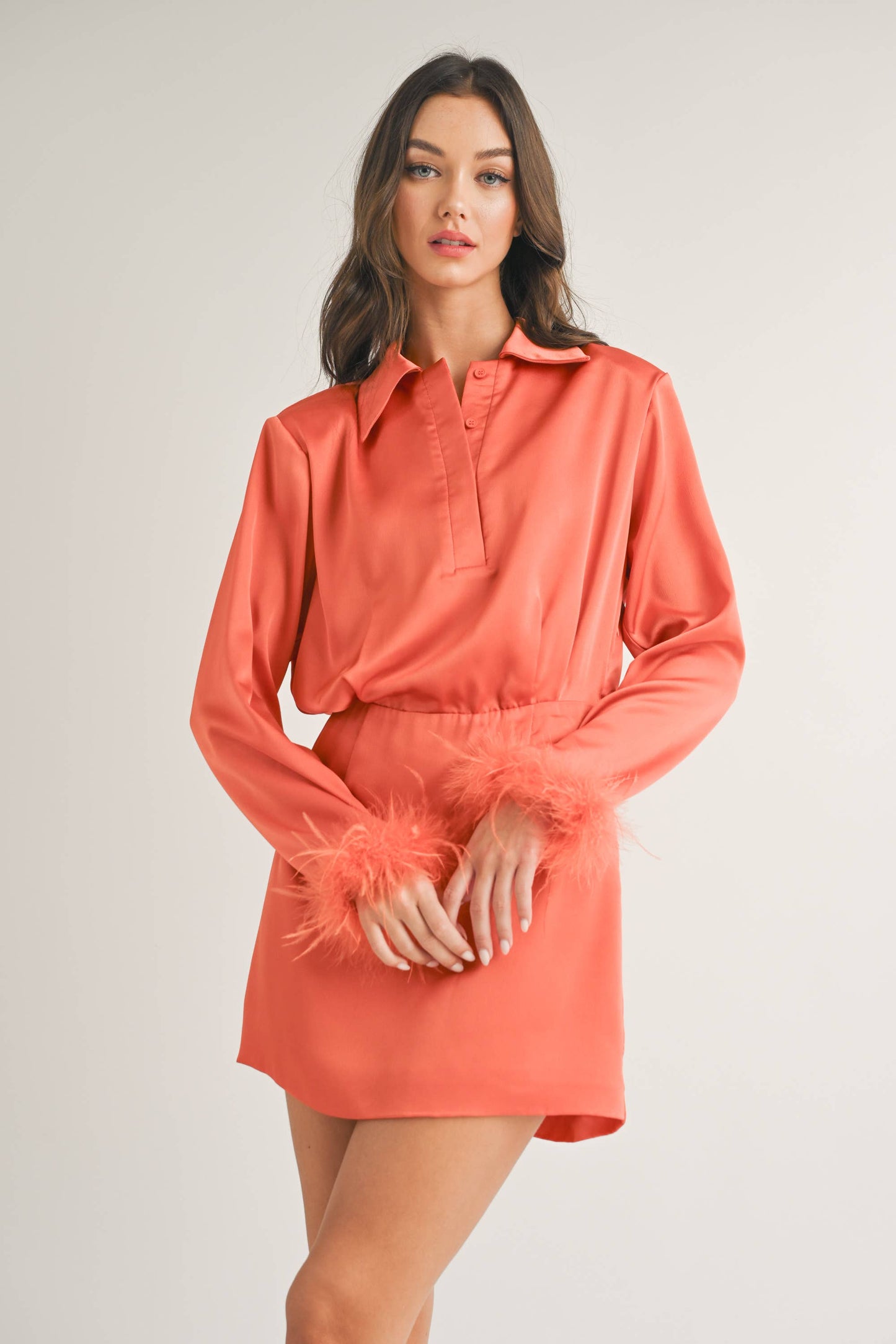 long sleeve collared mini dress with feather cuffs