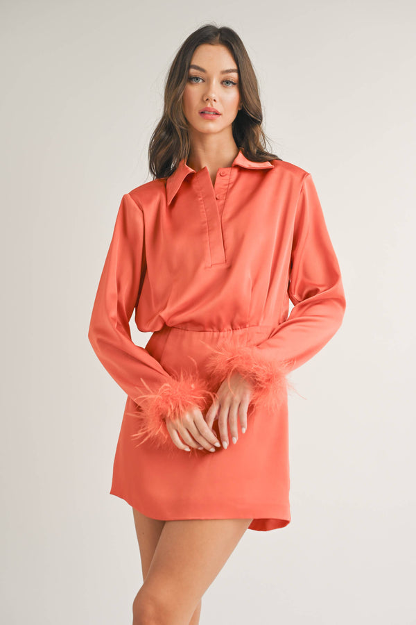 long sleeve collared mini dress with feather cuffs