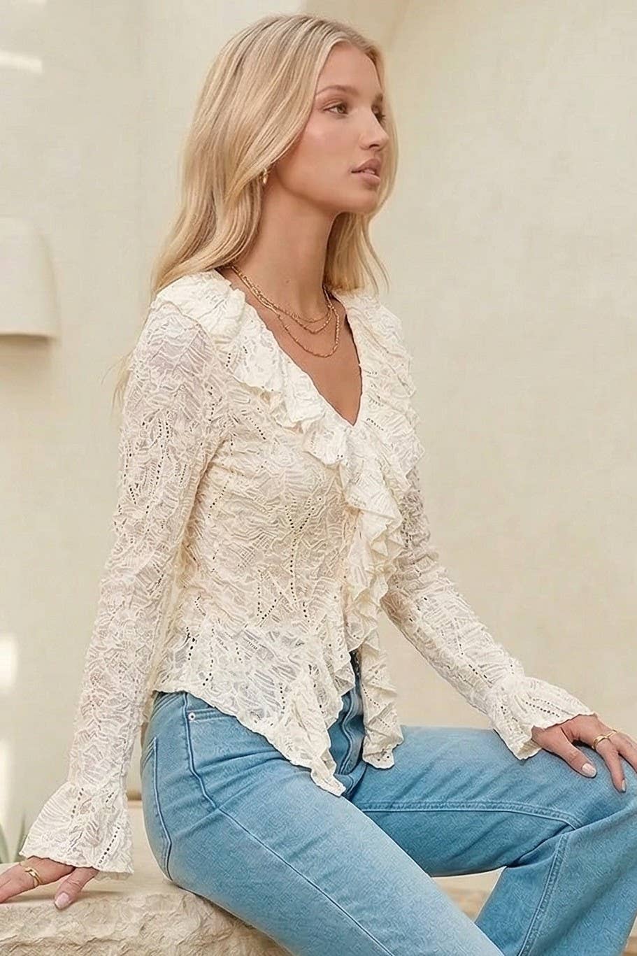 Long Sleeve Boho Lace Ruffled Blouse