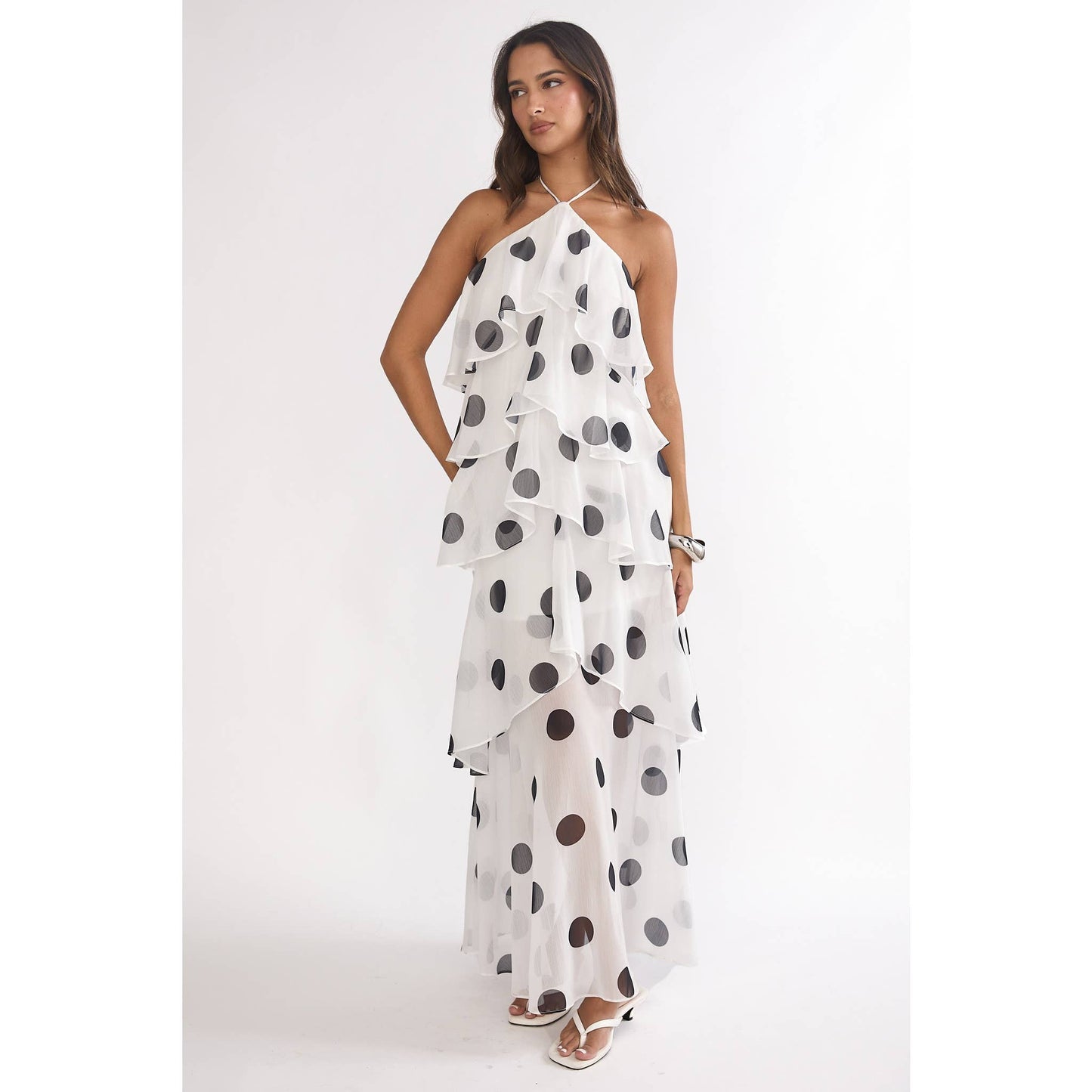 Halter Polka Dot Tiered Maxi Dress