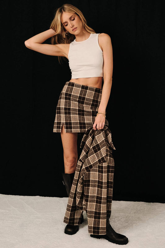 High waisted Mini Plaid Slit Skirt