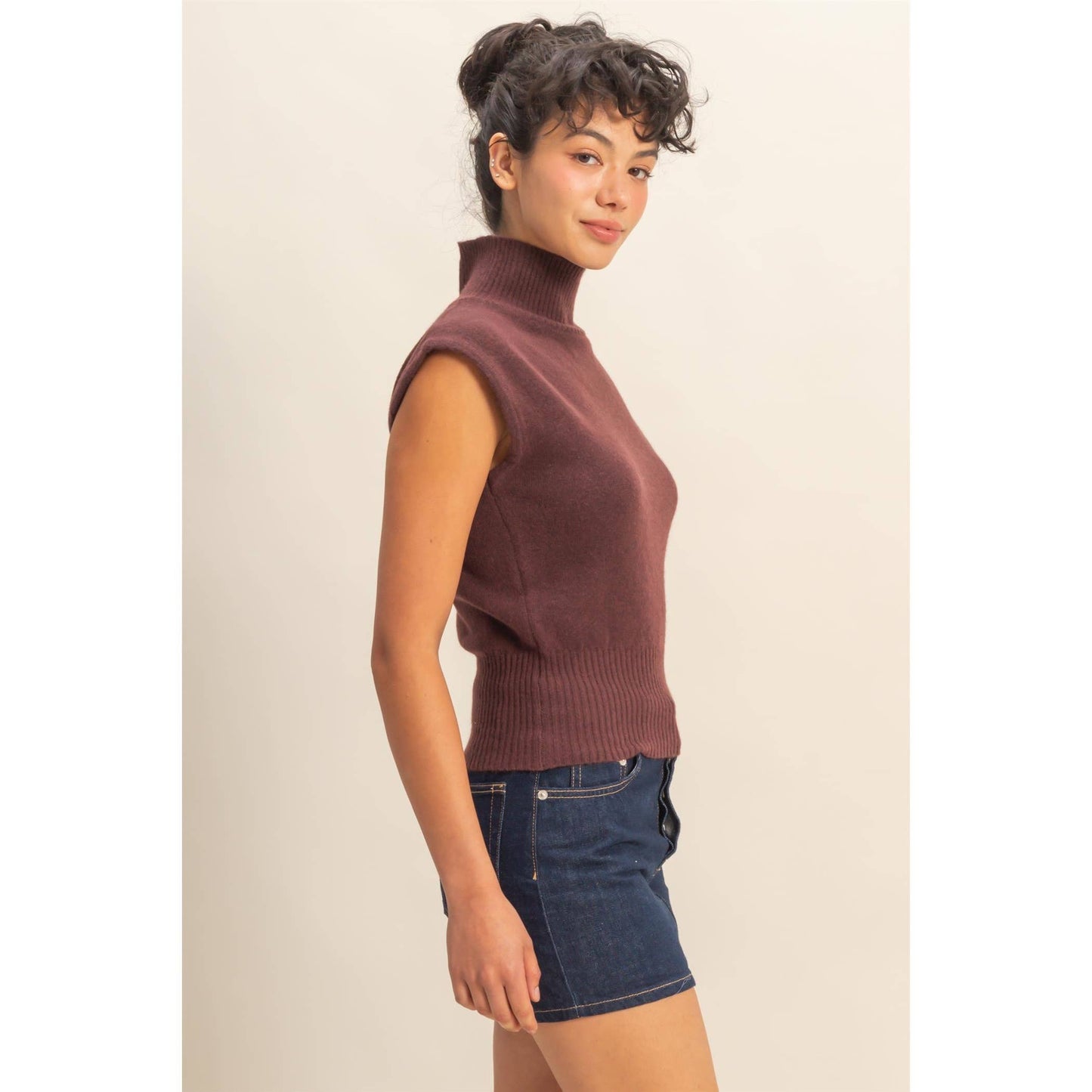 high neck sleeveless knit top