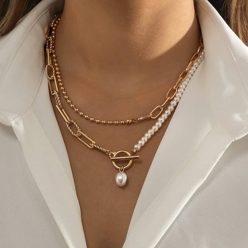 Pearl layered toggle necklace