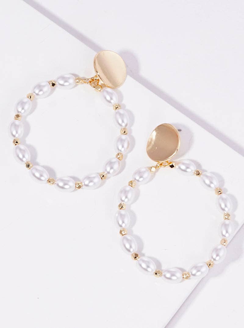 Oval Shaped Pearl Beaded Round Post Dangle Earrings