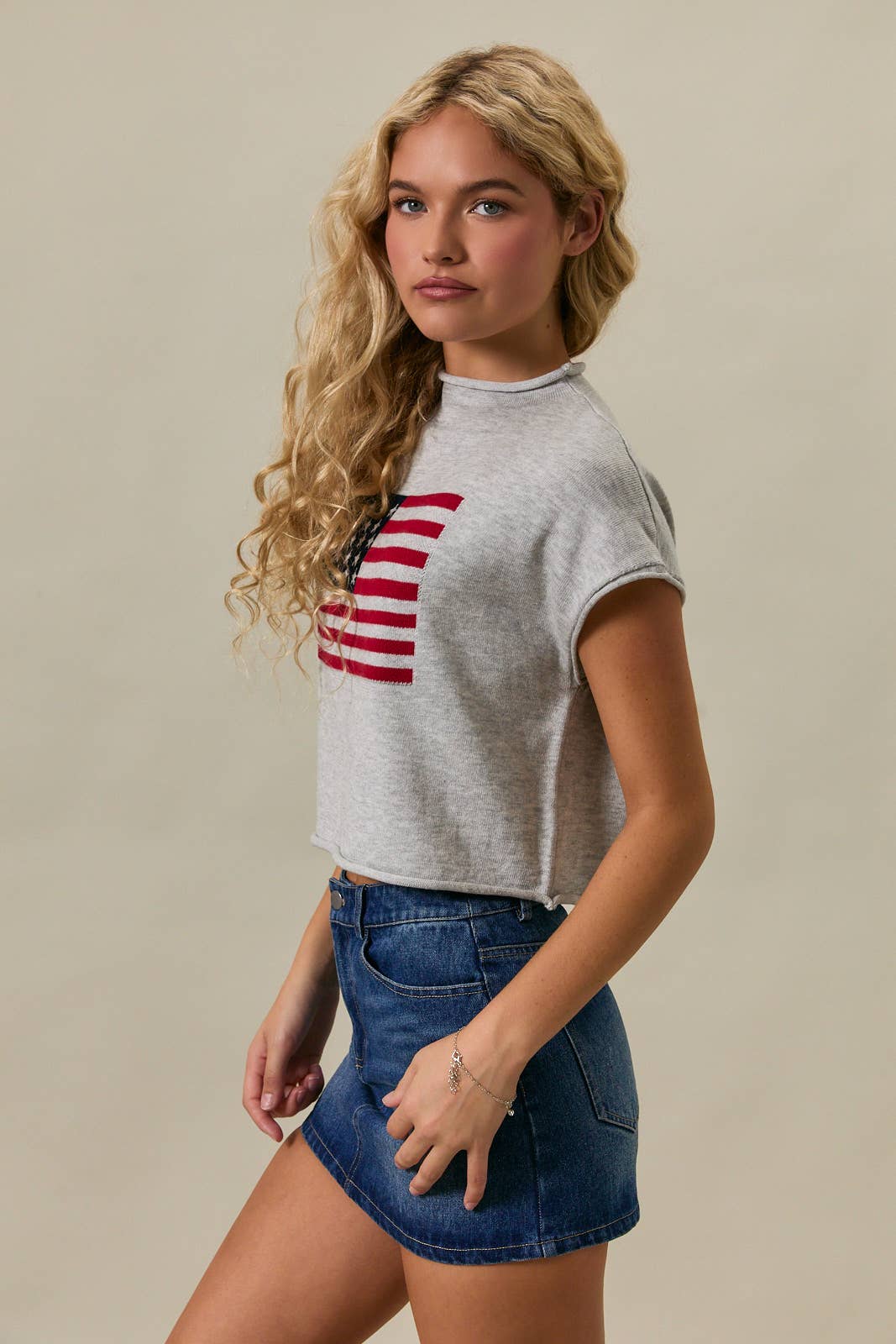 Drop Shoulder Mock Neck "USA Flag" Graphic Sweater