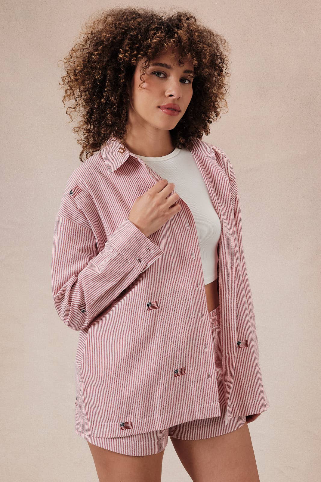 Stripe Flag Embro Oversized Button Down Shirt