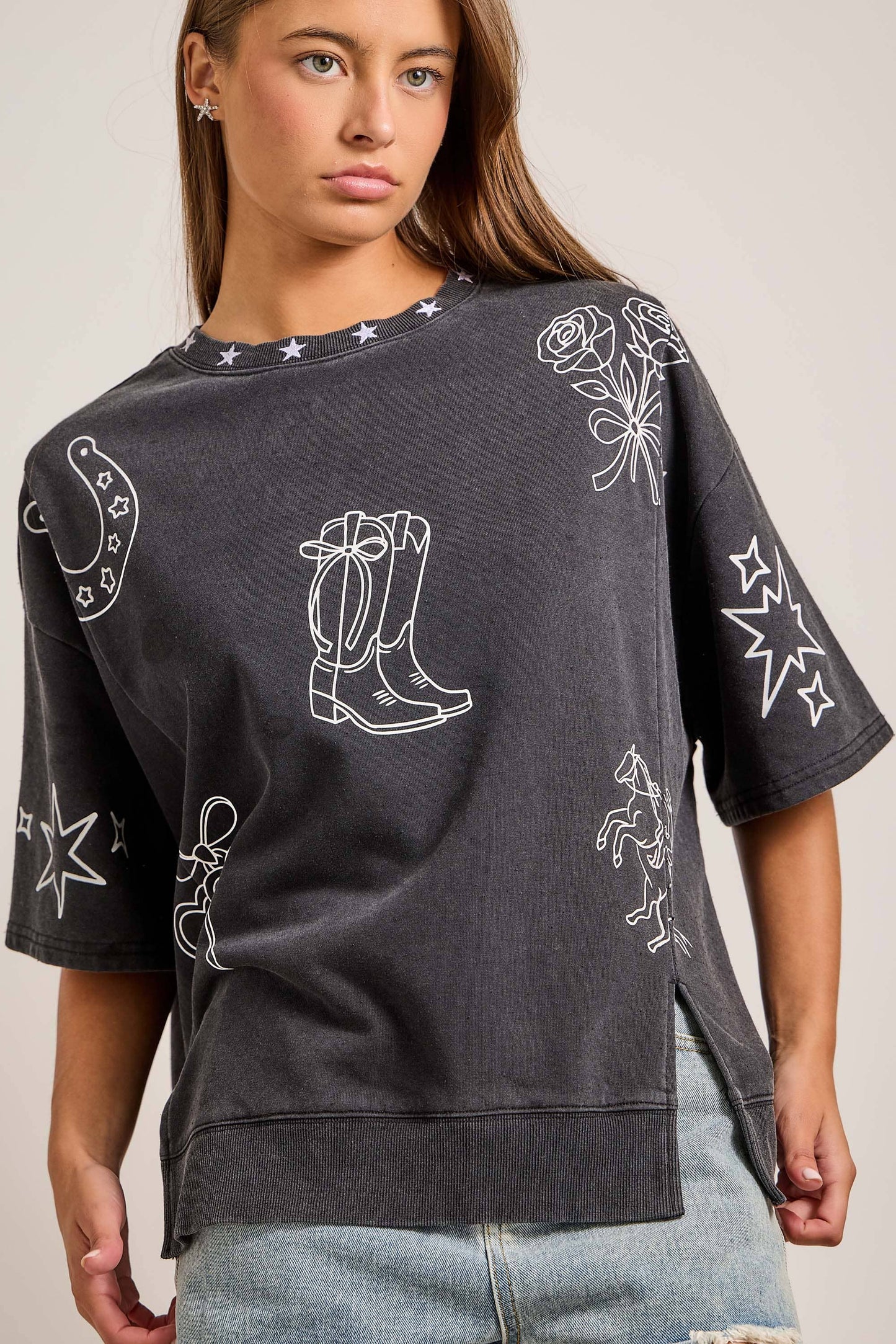 Mineral washed western printed oversized top