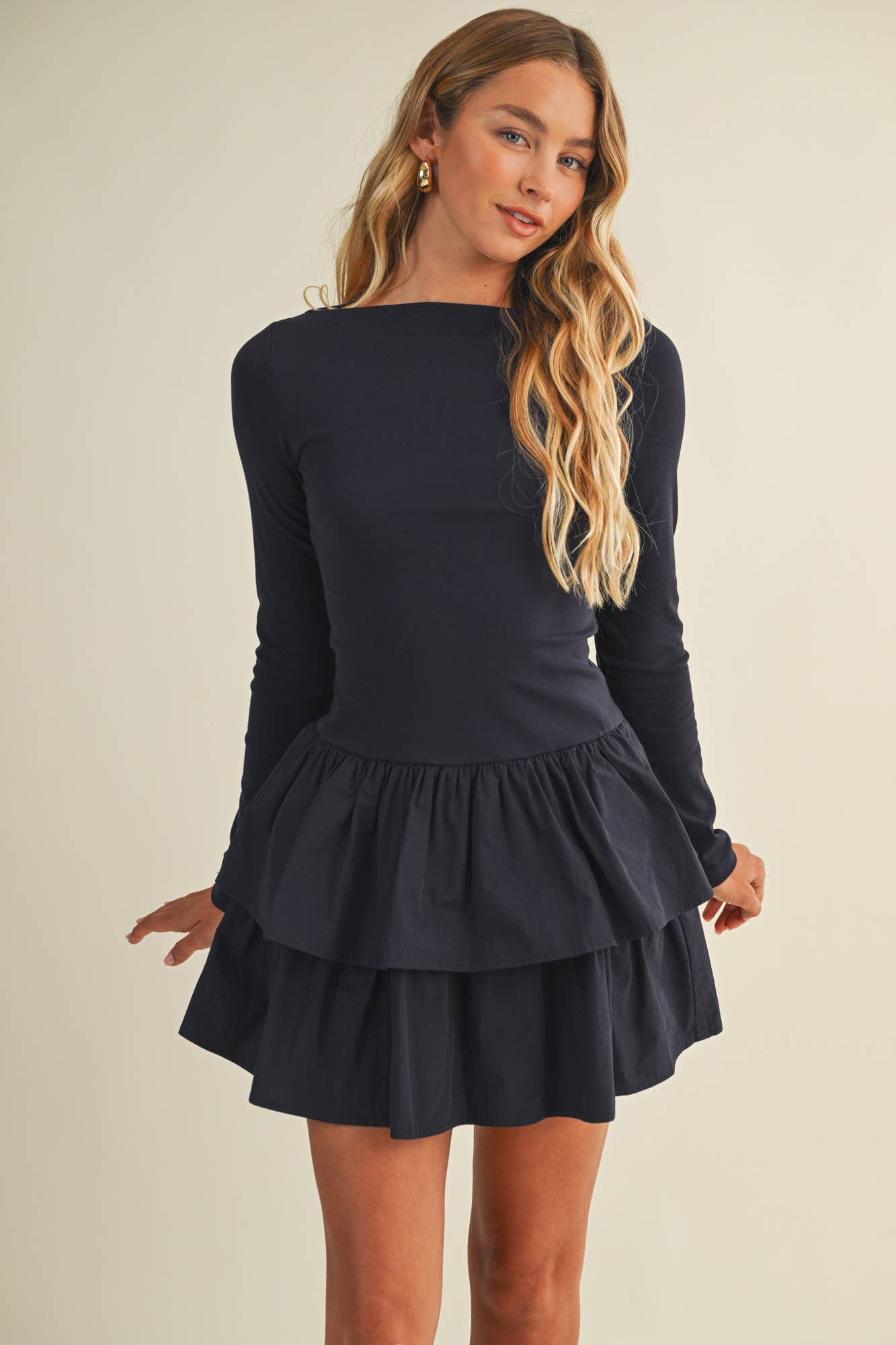 Boat neck ruffled dress