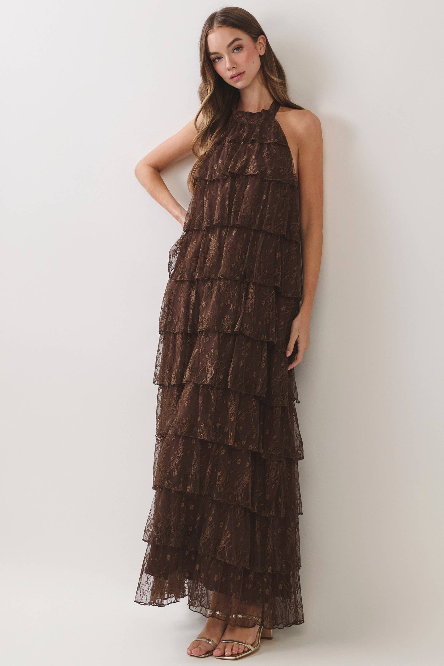 Lace Tiered Halter Maxi Dress