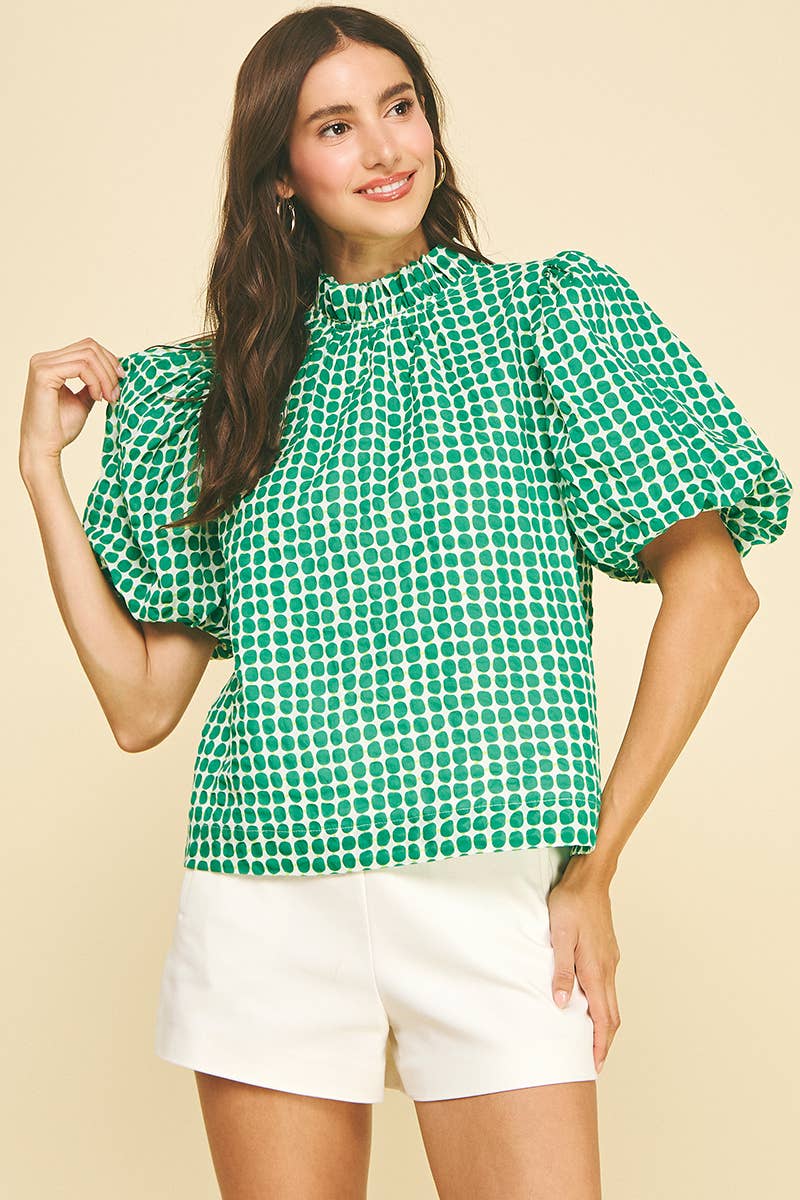 Polka Dot Pattern Ruffled Neck Bubble Sleeve