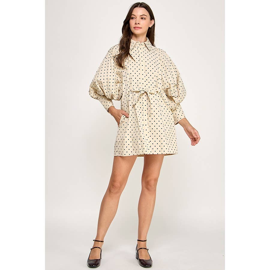 Statement Sleeve Mini Shirt Dress (Polka Dot)