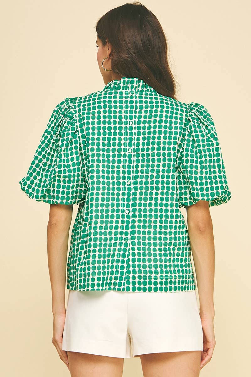Polka Dot Pattern Ruffled Neck Bubble Sleeve