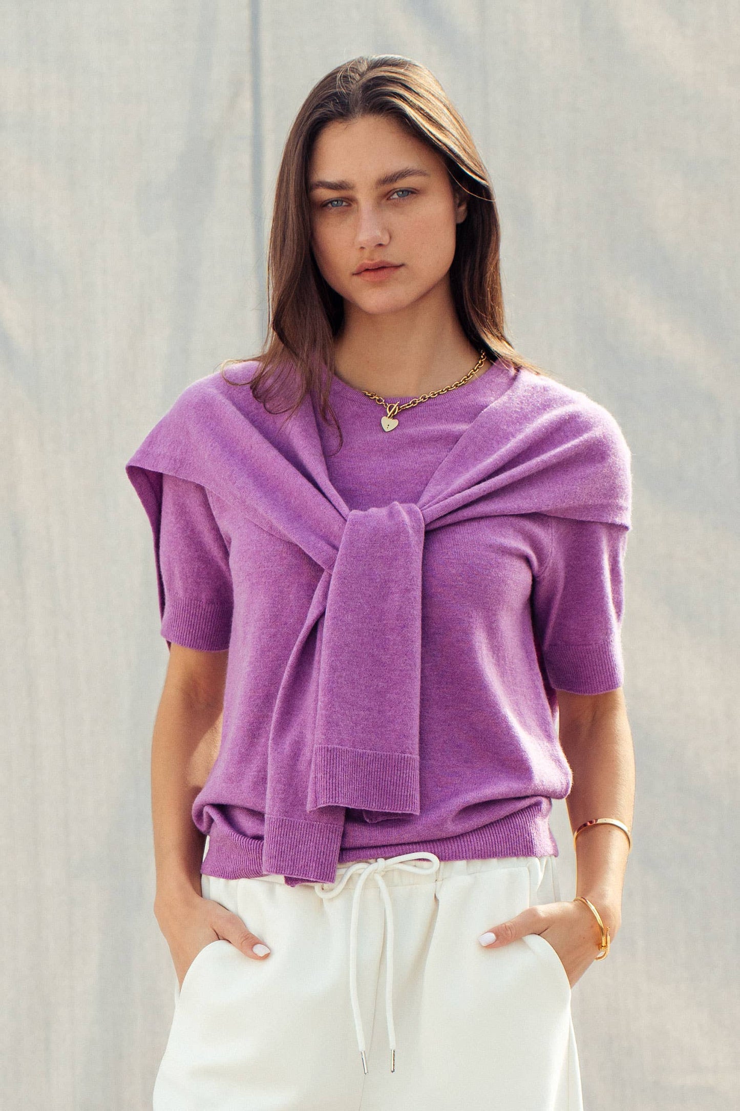 Faux Layered Tie-Front Knit Top