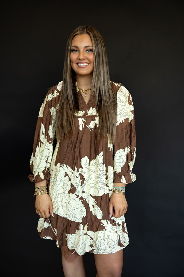 Brown Frilled Mandarin Collared Dress