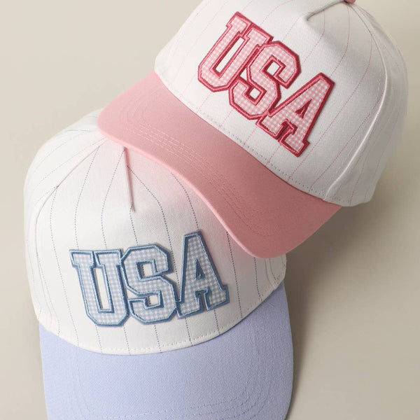 USA Gingham Embroidered Patch Pinstripe Crown Trucker Hat