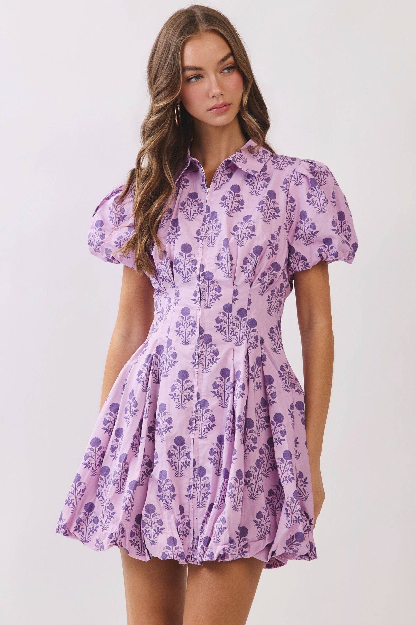 Floral Print Puff Sleeve Bubble Hem Mini Dress