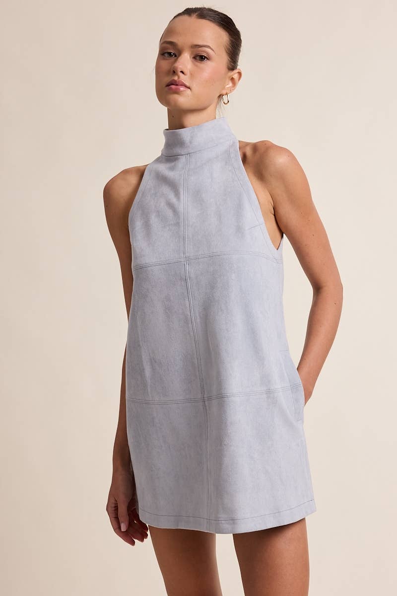 SUEDE SOLID COLOR MOCK NECK PLAIN MINI DRESS