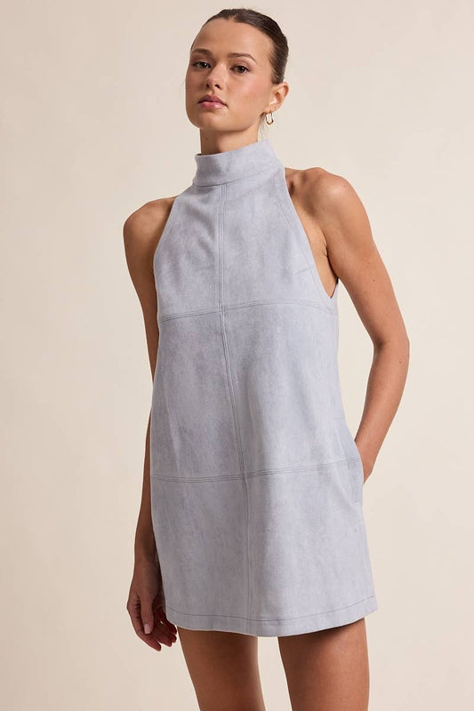 SUEDE SOLID COLOR MOCK NECK PLAIN MINI DRESS