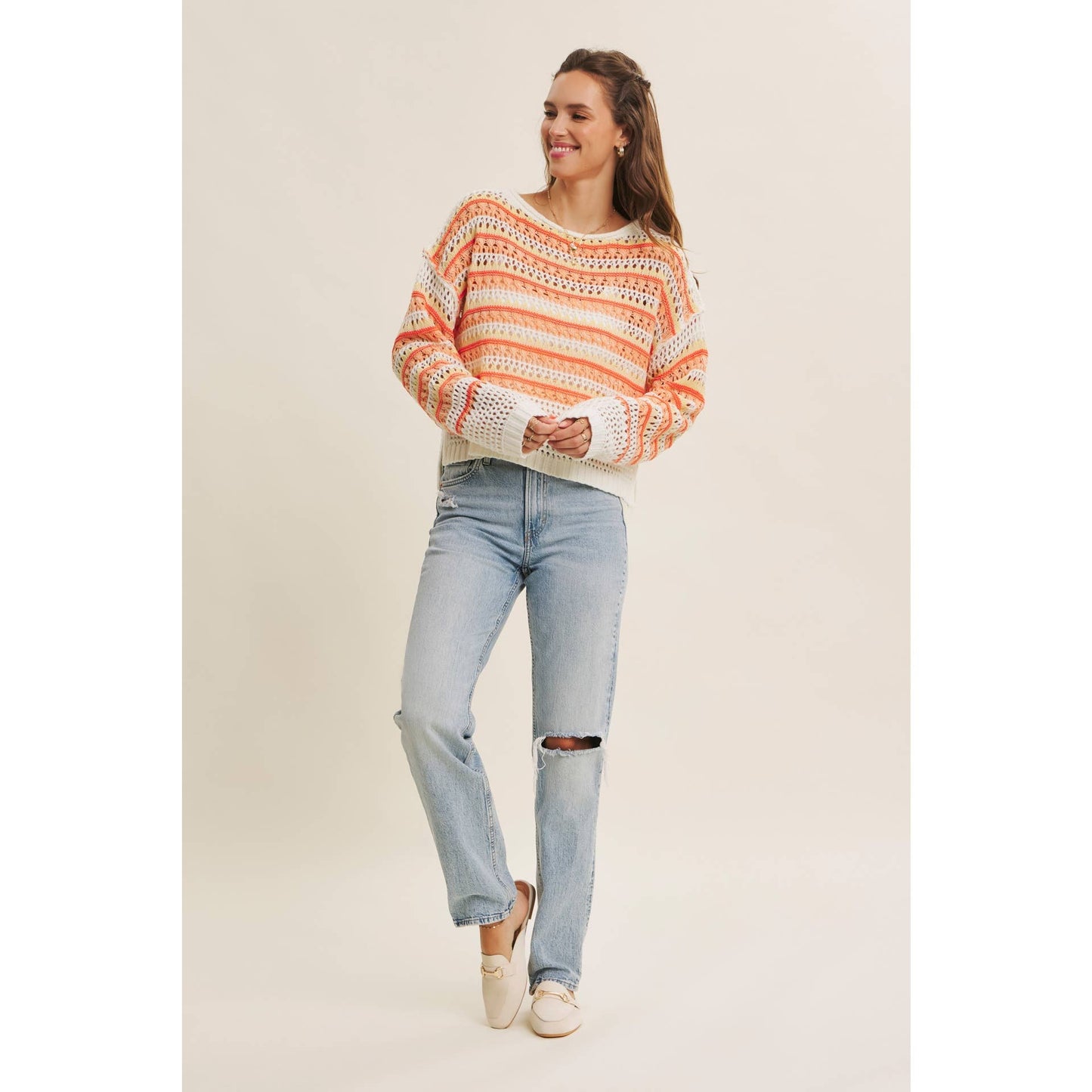 BRIGHT VIBRANT MULTI STRIPE LOOSE FIT CROCHET SWEATER TOP