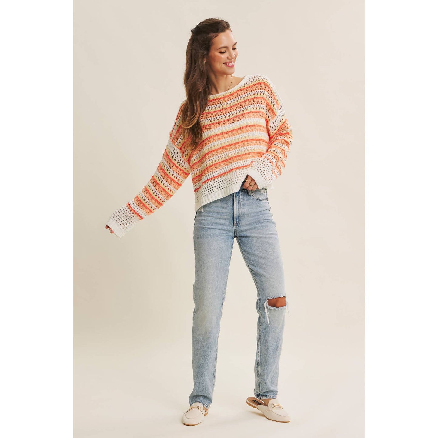 BRIGHT VIBRANT MULTI STRIPE LOOSE FIT CROCHET SWEATER TOP