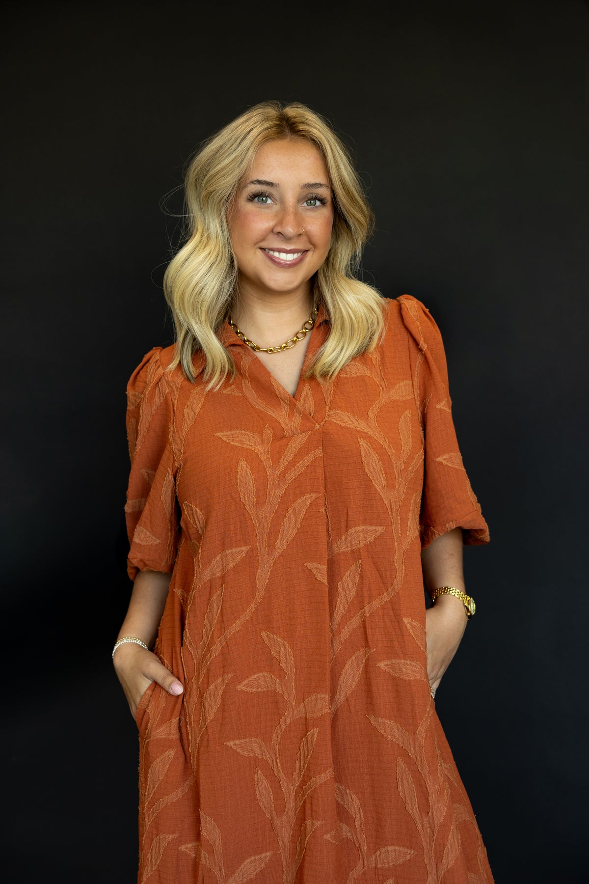 Terracotta Jacquard Collared Midi Dress
