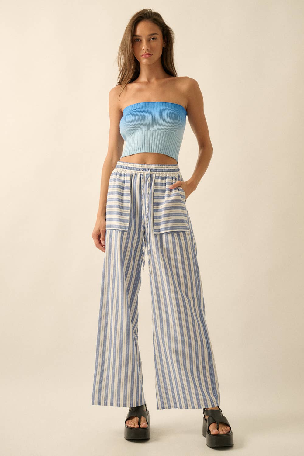 Striped Cotton Wide-Leg Drawstring Pants