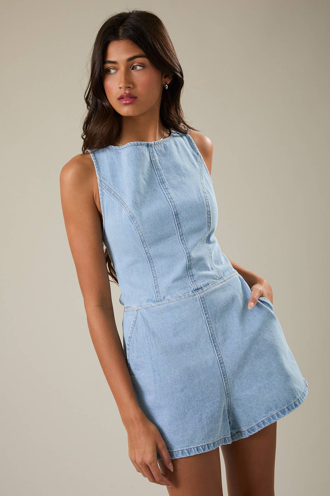 Boat Neck Tie Back Denim Romper