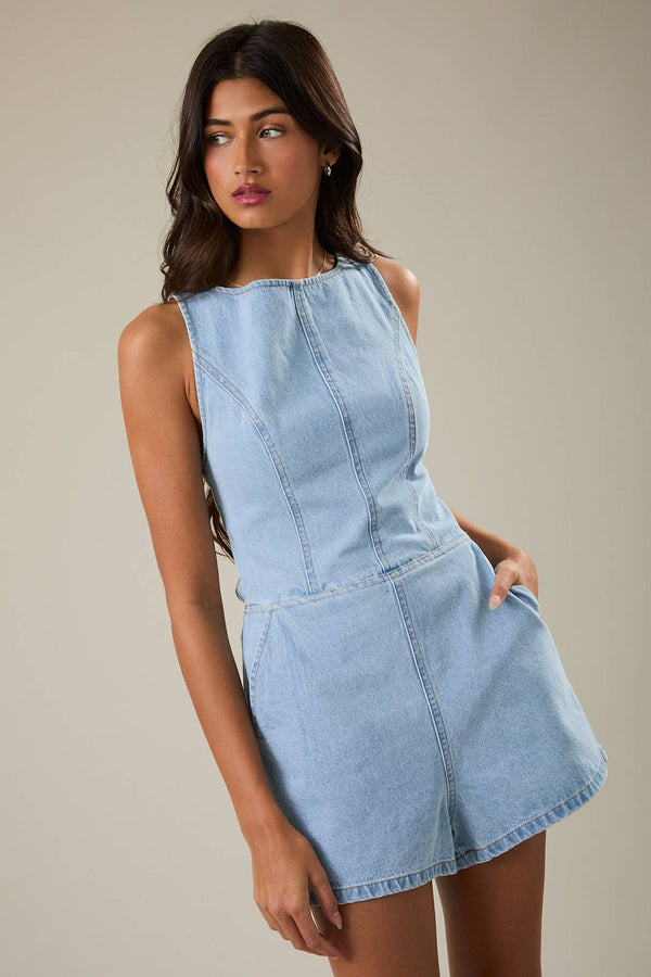Denim Boat Neck Tie Back Romper