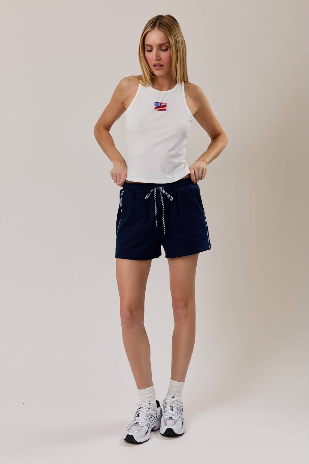 Round Neck Sleeveless USA Beads Ribbed Tank Top